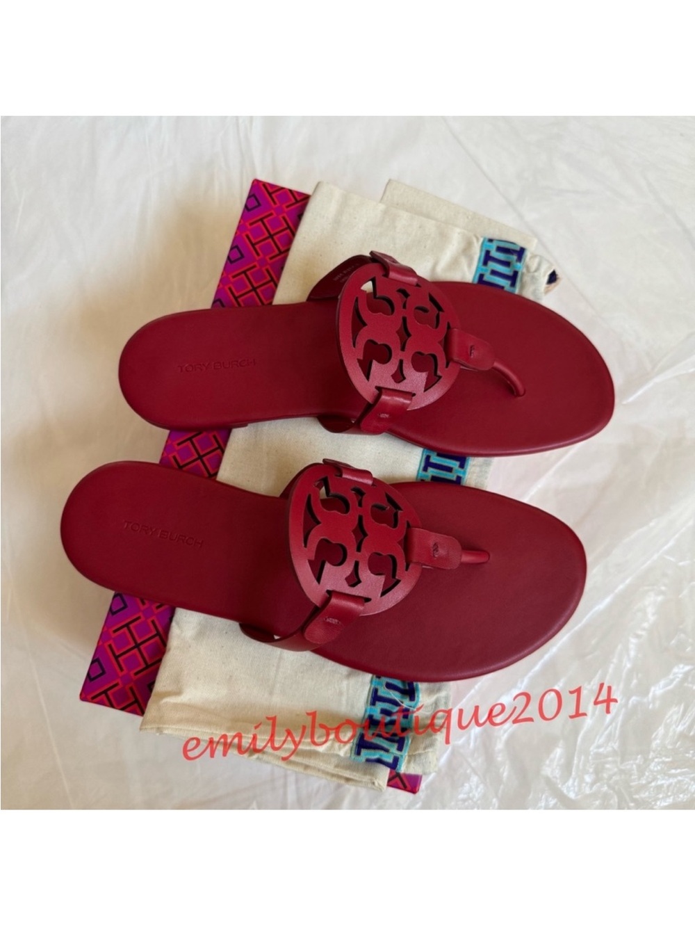 NIB Tory Burch Miller Size 7.5 Tory Red Calf Leather Sandals 90582 - Picture 4 of 10
